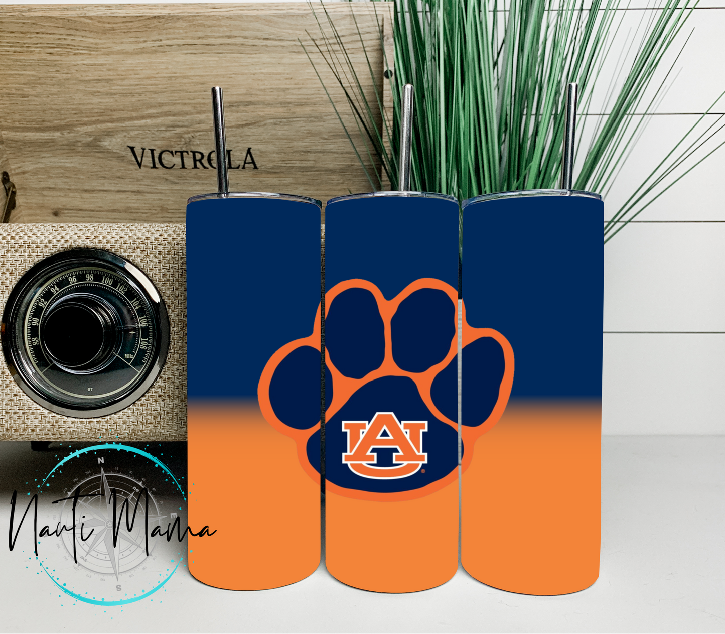 Two Tone Paw Print Orange and Navy Football 20 oz skinny tumbler