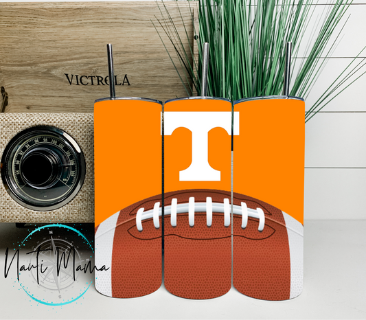 T Orange Football 20 oz skinny tumbler