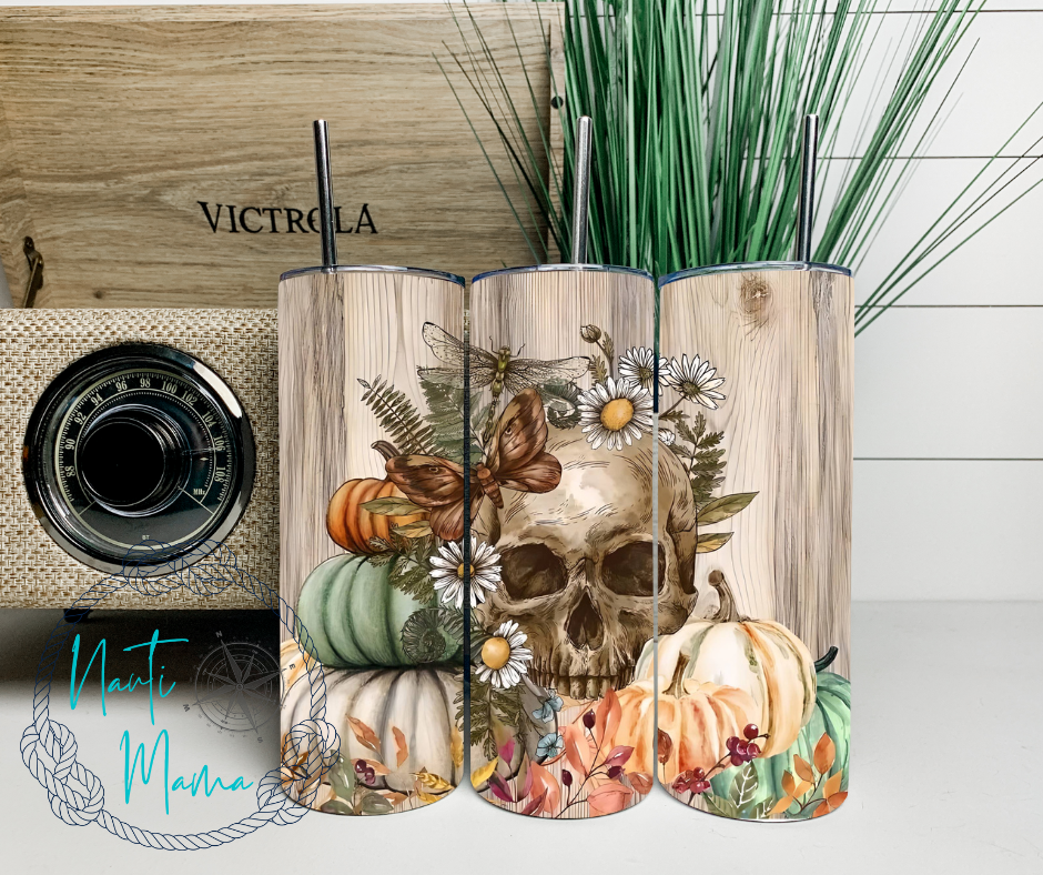 Fall Skulls and Pumpkins 20 oz skinny tumbler