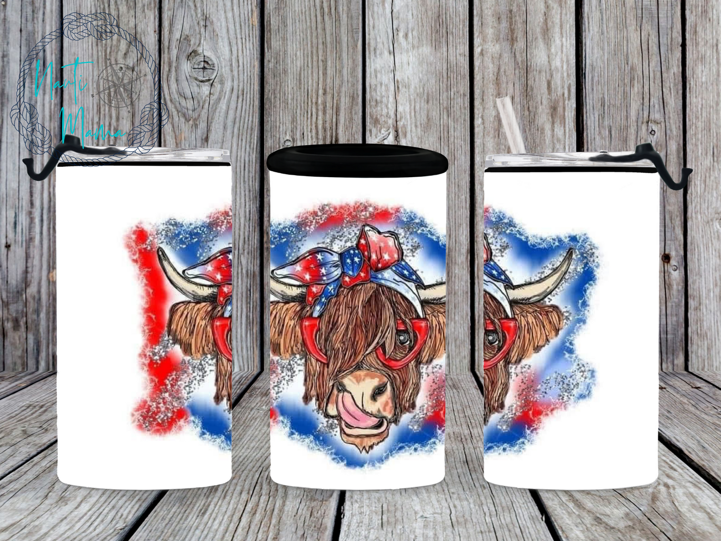 Patriotic Highland Cow 4/1 Can Cooler