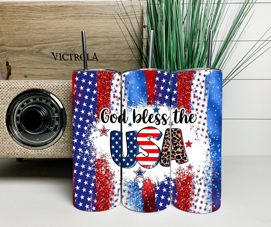 God Bless the USA Patriotic 20 oz skinny tumbler