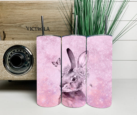 Pink Bunny and Butterflies 20 oz skinny tumbler