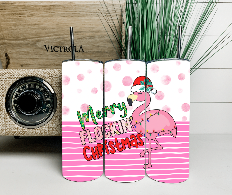 Merry Flockin Flamingo Christmas 20 oz skinny tumbler